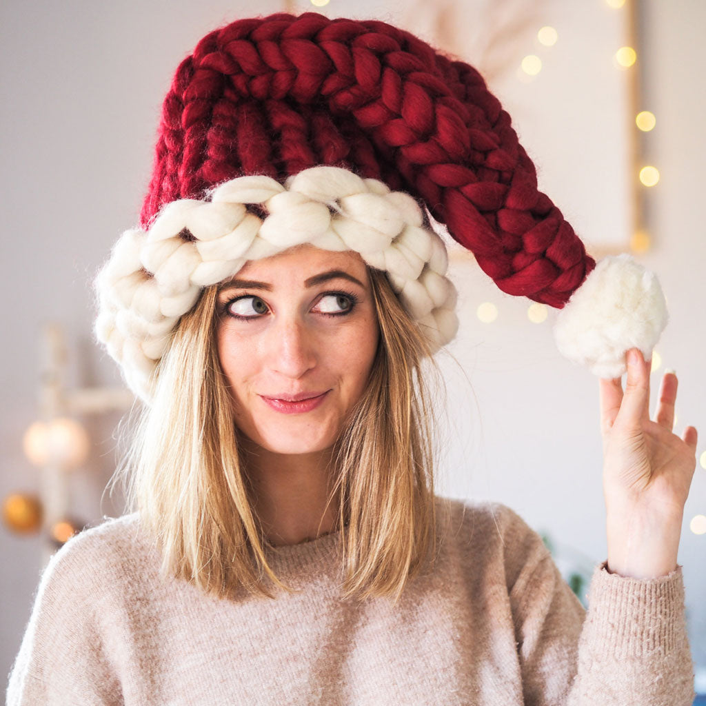 Slouchy Contrast Color Pom Pom Trim Crochet Santa Hat - Burgundy