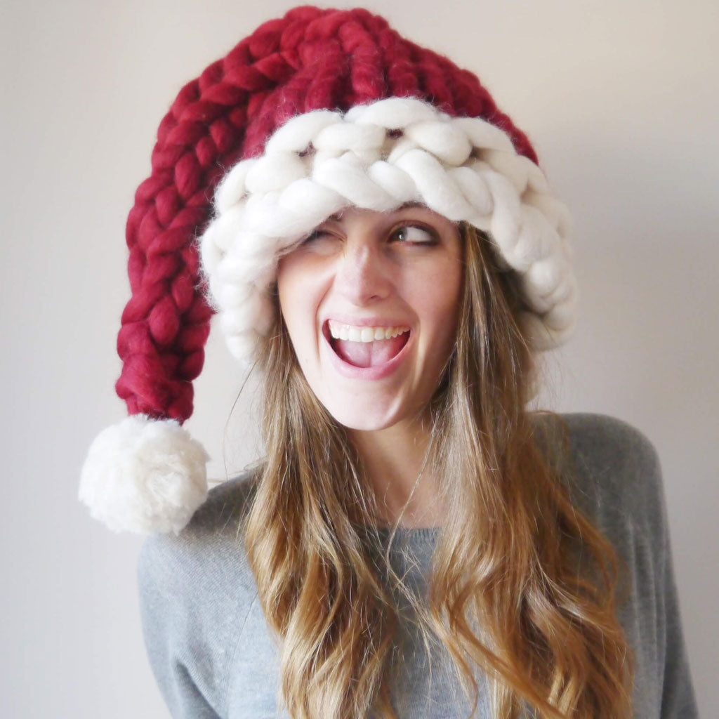 Slouchy Contrast Color Pom Pom Trim Crochet Santa Hat - Burgundy