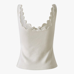 Solid Scalloped Tie Front Cutout Tank Top - White