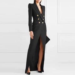 Sophisticated Peak Lapel Double Breasted Zip Back High Split Long Sleeve Tailored Coat