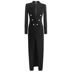 Sophisticated Peak Lapel Double Breasted Zip Back High Split Long Sleeve Tailored Coat