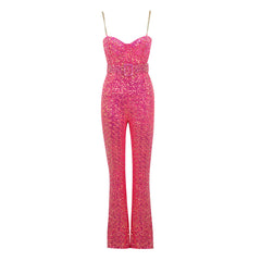 Sparkly Bustier Metallic Chain Strap Belted Flare Leg Sequin Jumpsuit