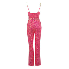 Sparkly Bustier Metallic Chain Strap Belted Flare Leg Sequin Jumpsuit