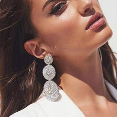 Sparkly Crystal Embellished Circle Triple Drop Earrings - Silver