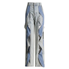 Sparkly Crystal Wavy Cutout High Waist Two Tone Wide Leg Denim Pants