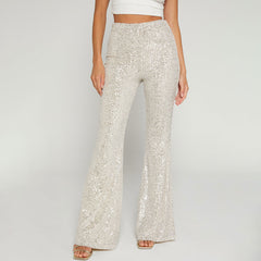 Sparkly High Waist Fit and Flare Wide Leg Party Sequin Pants - Apricot