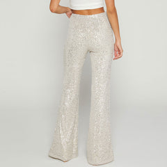 Sparkly High Waist Fit and Flare Wide Leg Party Sequin Pants - Apricot