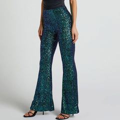 Sparkly High Waist Fit and Flare Wide Leg Party Sequin Pants - Emerald Green