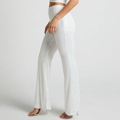 Sparkly High Waist Fit and Flare Wide Leg Party Sequin Pants - White