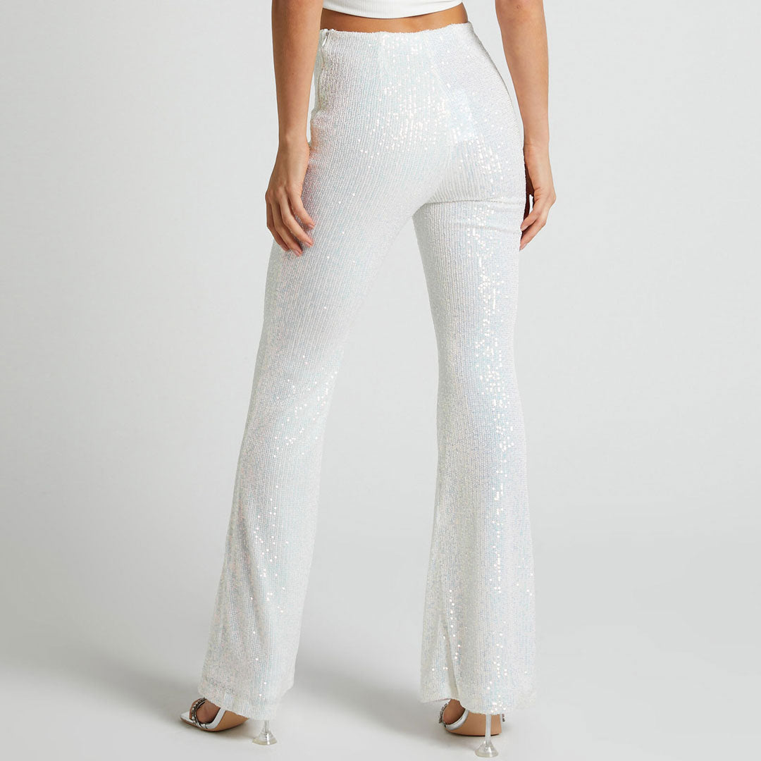 Sparkly High Waist Fit and Flare Wide Leg Party Sequin Pants - White