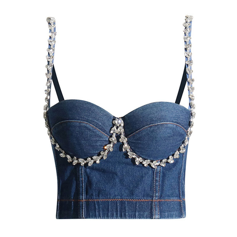 Sparkly Leaf Crystal Trim Sweetheart Neck Cami Sleeveless Crop Denim Top