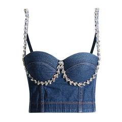 Sparkly Leaf Crystal Trim Sweetheart Neck Cami Sleeveless Crop Denim Top