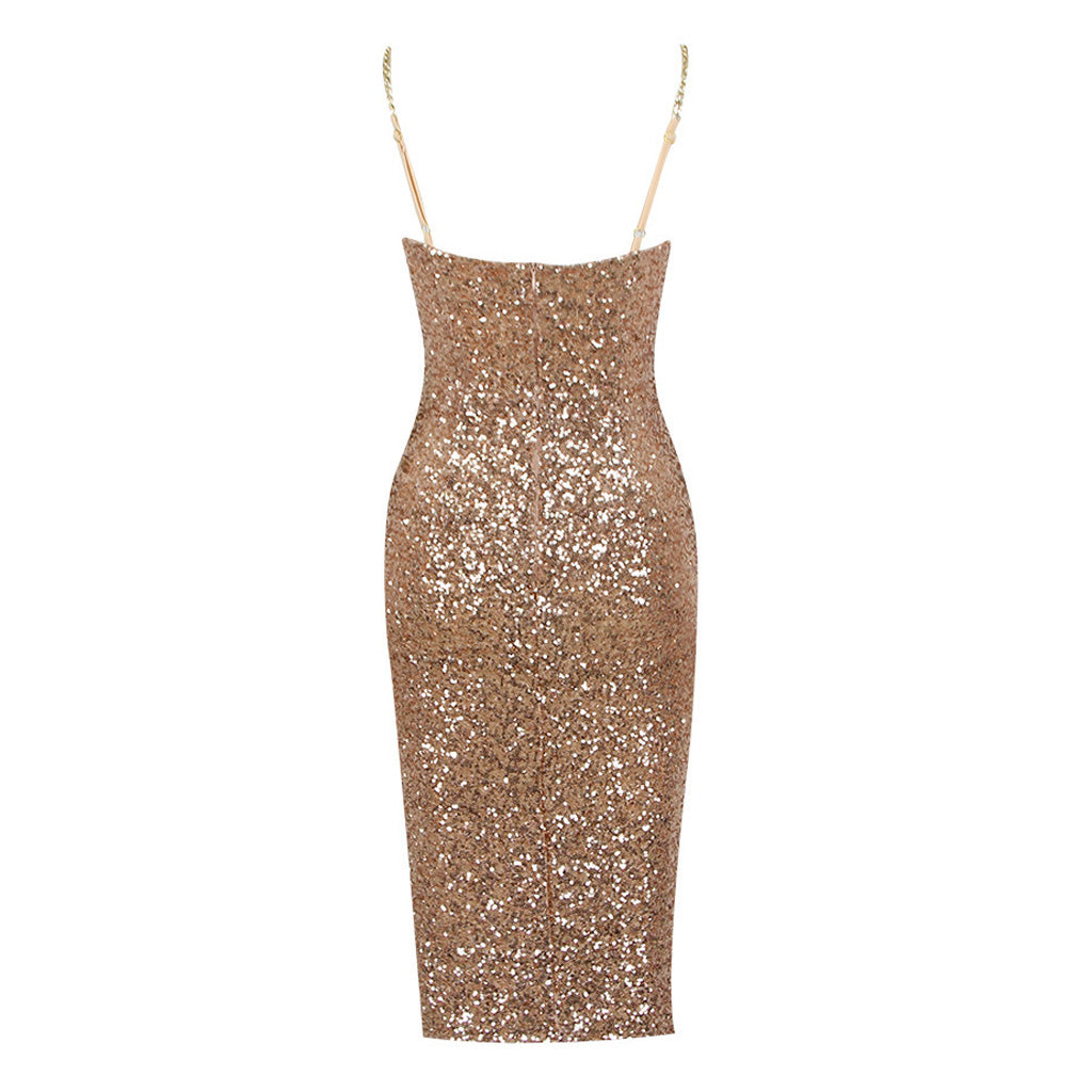 Sparkly Metallic Chain Strap Sweetheart Bustier Bodycon Sequin Midi Dress