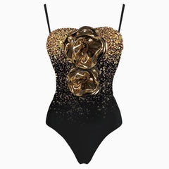 Sparkly Metallic Duo Rosette Gradient Sequin Bandeau One Piece Swimsuit