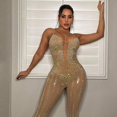 Sparkly Plunge Neck Rhinestone Detail Sheer Mesh Bodycon Sleeveless Jumpsuit