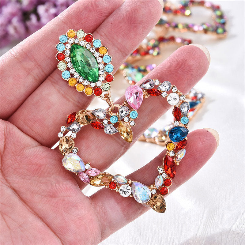 Sparkly Rainbow Rhinestone Heart Statement Drop Earrings - Multicolor