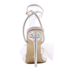 Sparkly Rhinestone Embellished Bowknot Ankle Strap Clear Sandals - White