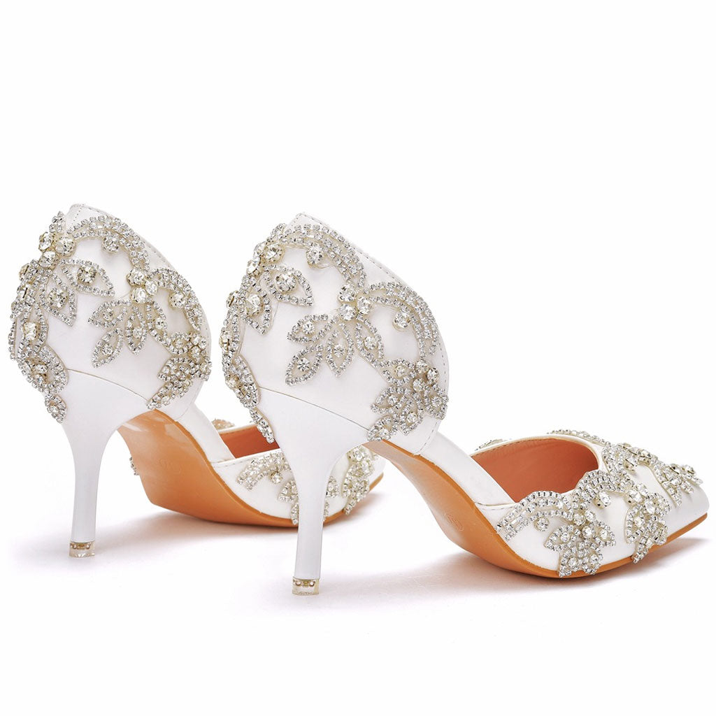 Sparkly Rhinestone Embellished Pointed Toe Stiletto Pumps - White