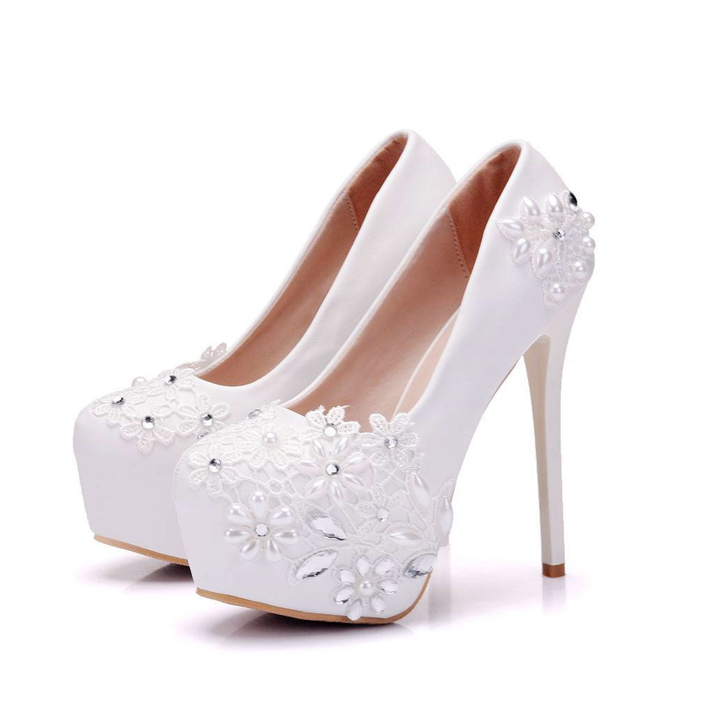 Sparkly Rhinestone Petal Embellished High Heel Platform Pumps - White