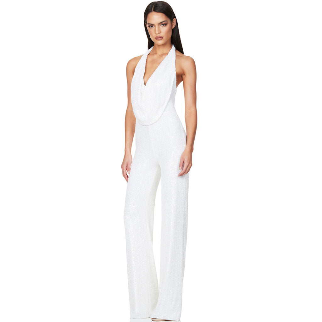 Sparkly Sequin Halter Cowl Neck Wide Leg Backless Jumpsuit - White