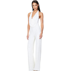 Sparkly Sequin Halter Cowl Neck Wide Leg Backless Jumpsuit - White