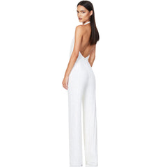 Sparkly Sequin Halter Cowl Neck Wide Leg Backless Jumpsuit - White