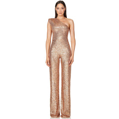 Sparkly Sequin Padded One Shoulder Wide Leg Disco Jumpsuit -Champagne