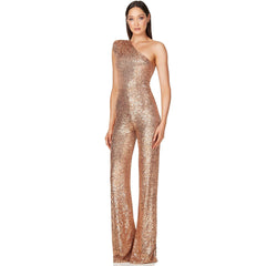 Sparkly Sequin Padded One Shoulder Wide Leg Disco Jumpsuit -Champagne