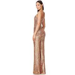 Sparkly Sequin Padded One Shoulder Wide Leg Disco Jumpsuit -Champagne