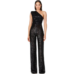 Sparkly Sequin Padded One Shoulder Wide Leg Disco Jumpsuit - Black