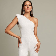 Sparkly Sequin Padded One Shoulder Wide Leg Disco Jumpsuit - White