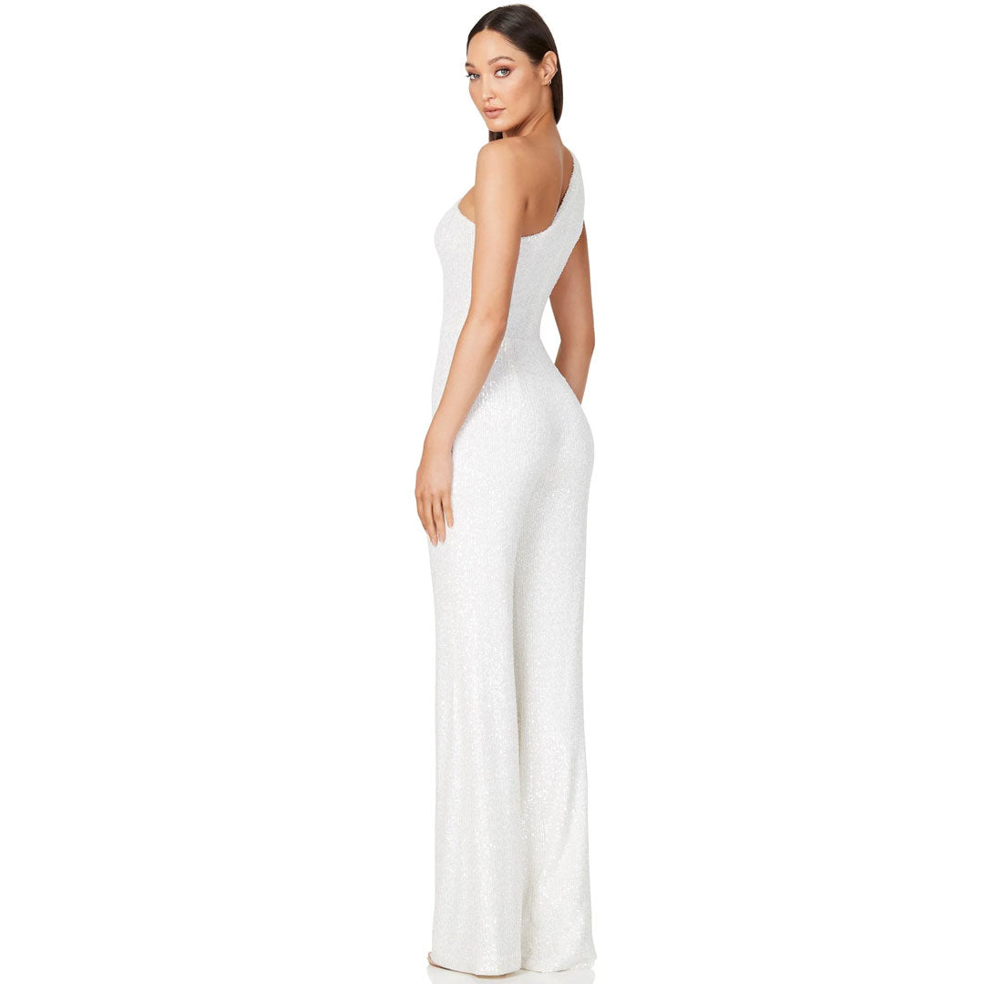 Sparkly Sequin Padded One Shoulder Wide Leg Disco Jumpsuit - White