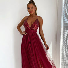 Sparkly Sequin Panel Mesh Deep V Backless Evening Maxi Dress - Burgundy