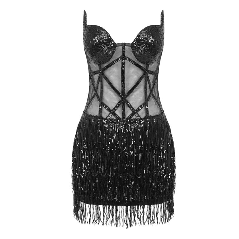 Sparkly Sequined Sweetheart Neck Strapless Sheer Mesh Fringe Corset Mini Dress