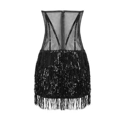 Sparkly Sequined Sweetheart Neck Strapless Sheer Mesh Fringe Corset Mini Dress