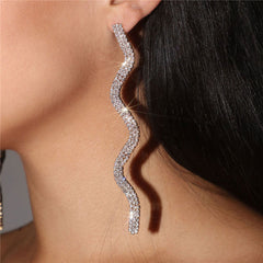 Sparkly Wavy Linear Rhinestone Embellished Long Drop Earrings - Silver