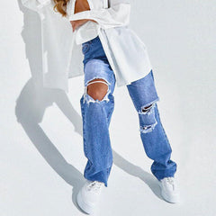 Street Style Cut Out High Waist Frayed Straight Leg Jeans- Blue