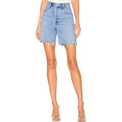 Street Style High Waist Frayed Bermuda Denim Shorts - Blue