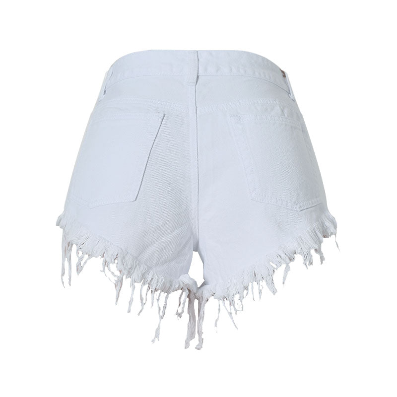 Street Style High Waist Frayed Distressed Denim Shorts - White