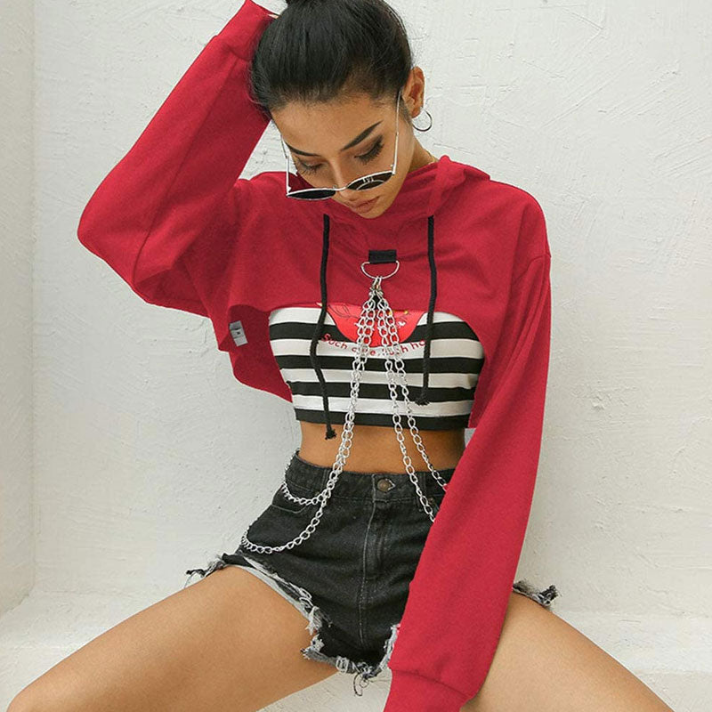 Street Style Metallic Chain Drop Shoulder Long Sleeve Cropped Hoodie - Red