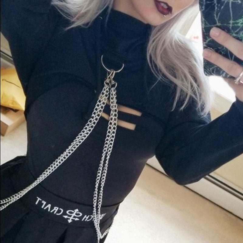 Street Style Metallic Chain Drop Shoulder Long Sleeve Cropped Hoodie - Black