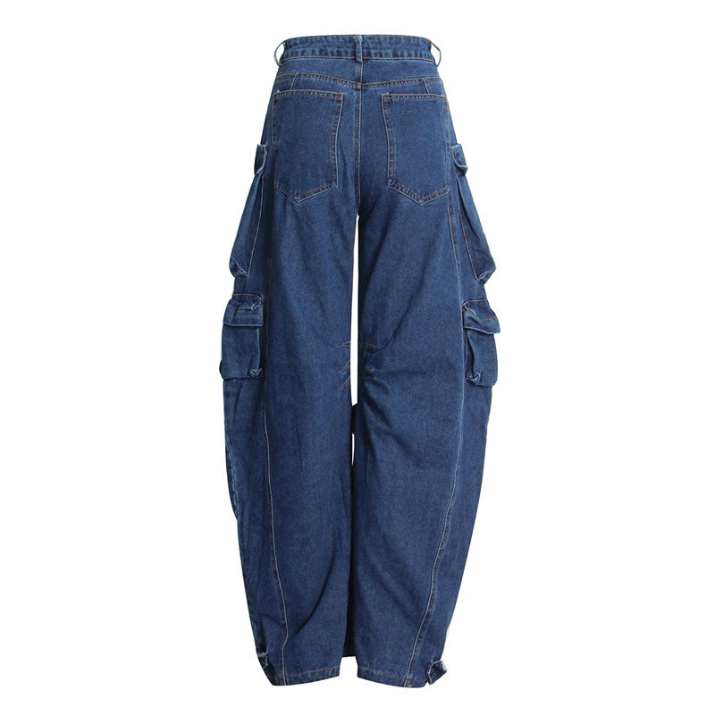 Street Style Panel Trim Patch Pocket Oversized Cargo Jeans - Blue