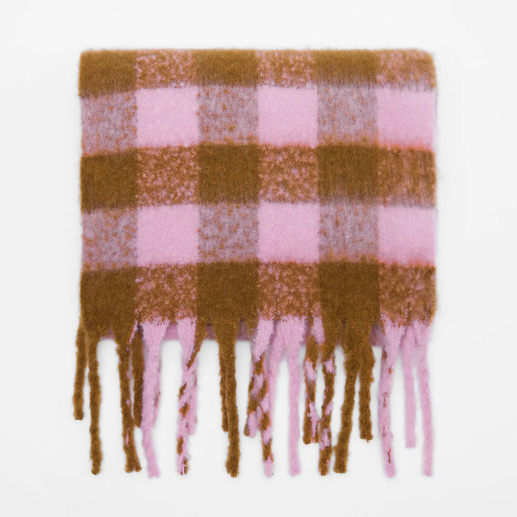 Street Style Two Tone Brushed Fringe Narrow Plaid Scarf - Pink