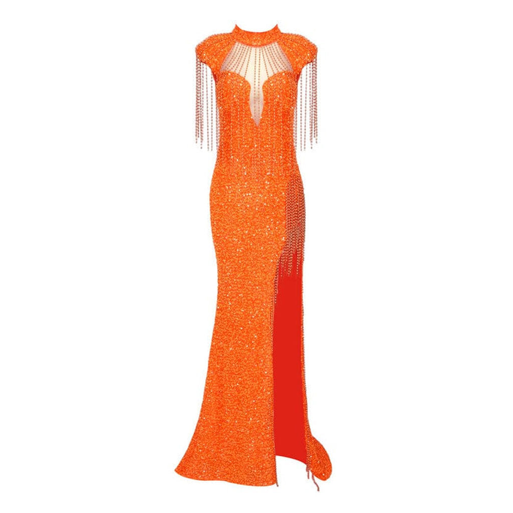 Striking High Neck Fringe Cap Sleeve Sequin Mesh High Split Maxi Evening Dress