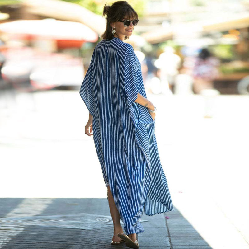 Casual Striped High Neck Batwing Sleeve Maxi Cover Up - Stripe