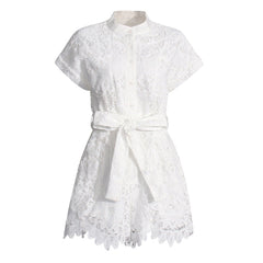 Summer Mock Neck Short Sleeve Button Up Belted Broderie Anglaise Romper