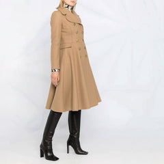 Sweet Notched Lapel Double Breasted Fit and Flare Long Sleeve Wool Blend Coat