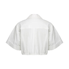 Tie Front Button Down Short Sleeve Cropped Blouse - White