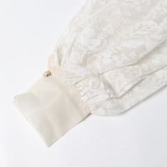 Transparent Shawl Collar Tie Belt Lantern Sleeve Floral Organza Blouse