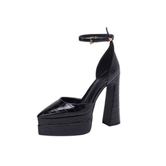 Trendy Croc Effect Pointed Toe Platform Chunky Heel Pumps - Black